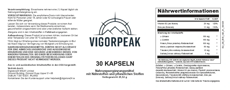 Vigor Peak Etikett mit Inhaltsstoffen und Dosierung pro Kapsel